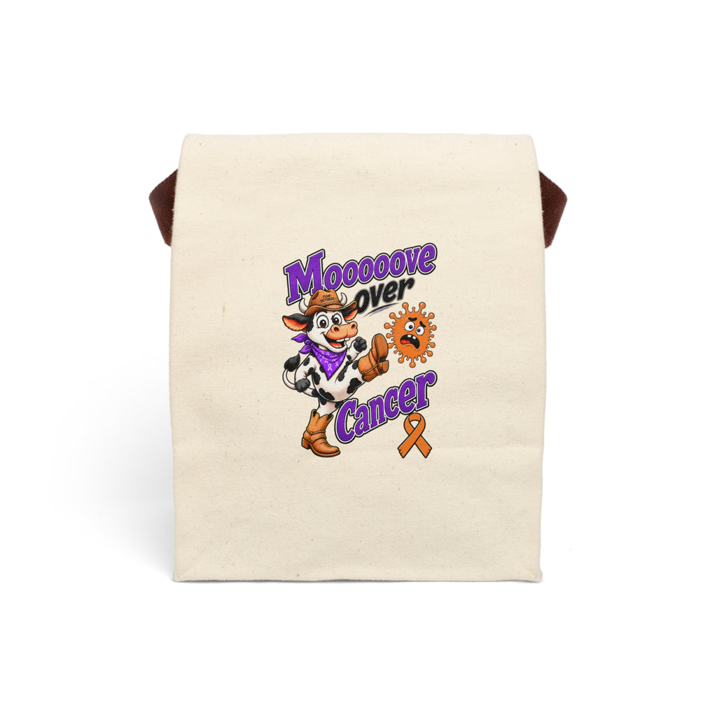 Front view of Moooove Over Cancer canvas lunch bag with orange awareness ribbon artwork
