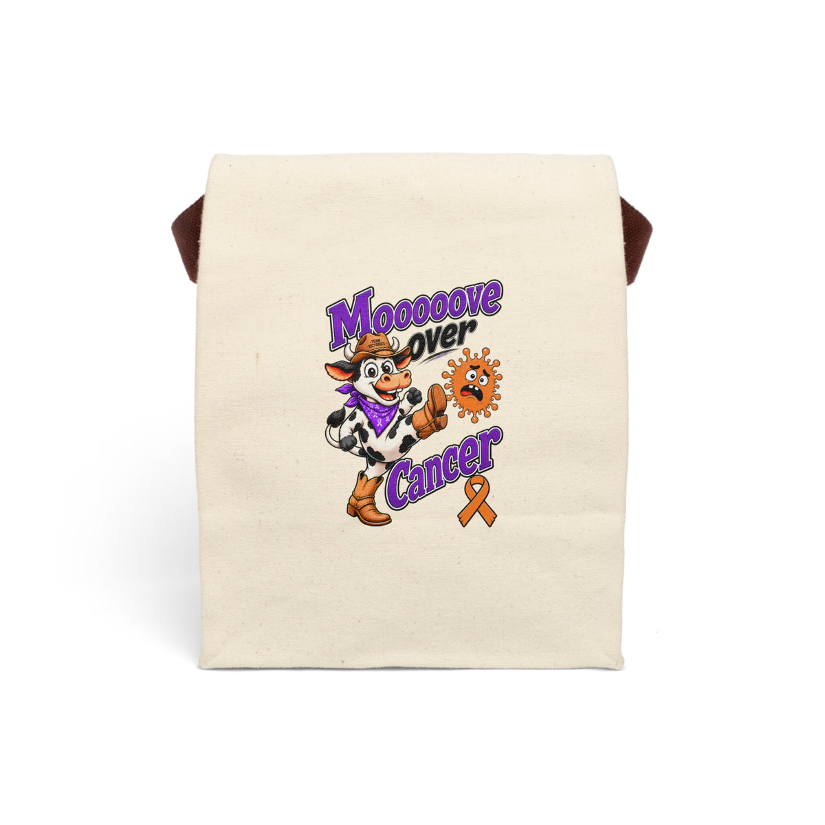 Front view of Moooove Over Cancer canvas lunch bag with orange awareness ribbon artwork