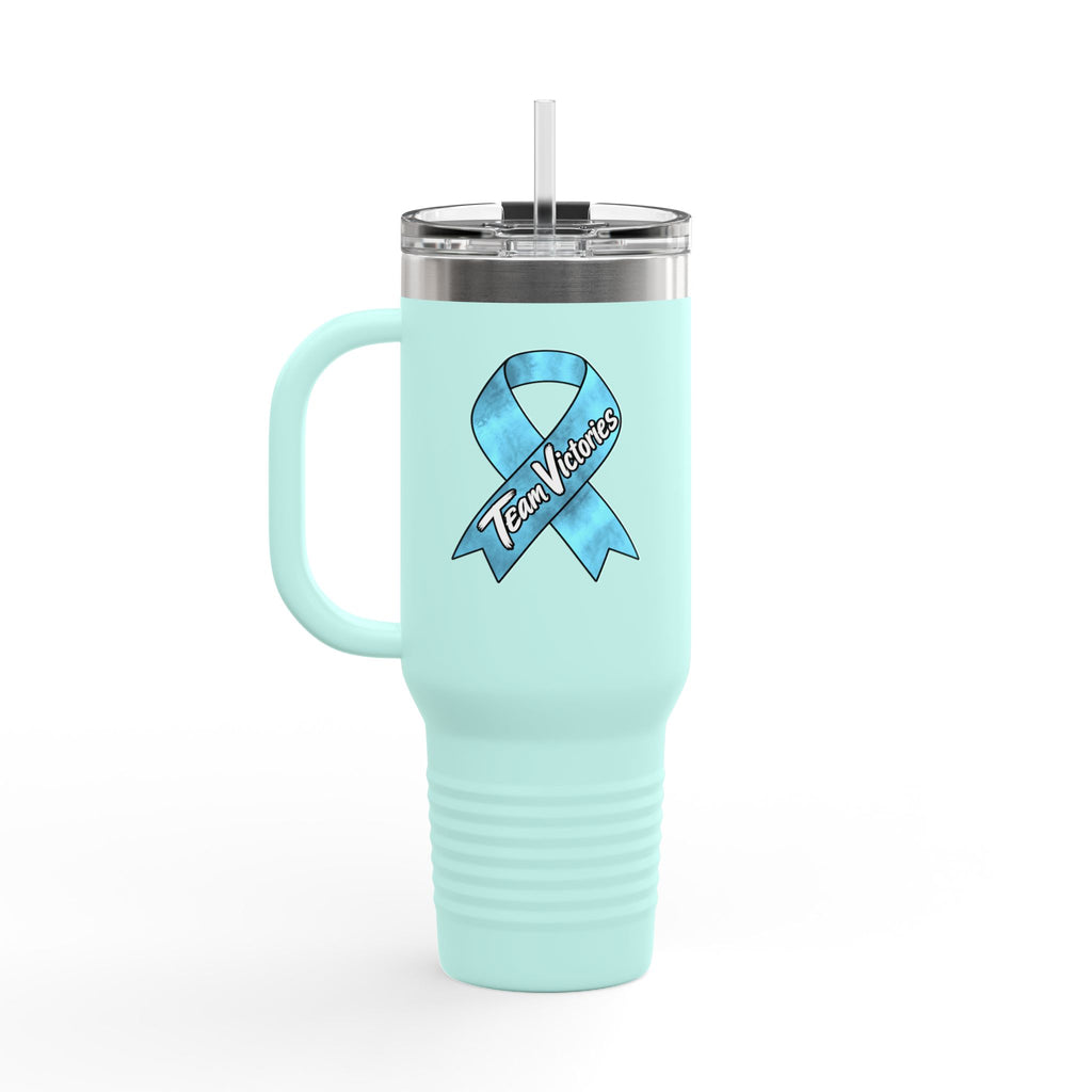 Team Victories Prostate Cancer awareness ribbon on light blue 40 oz travel mug