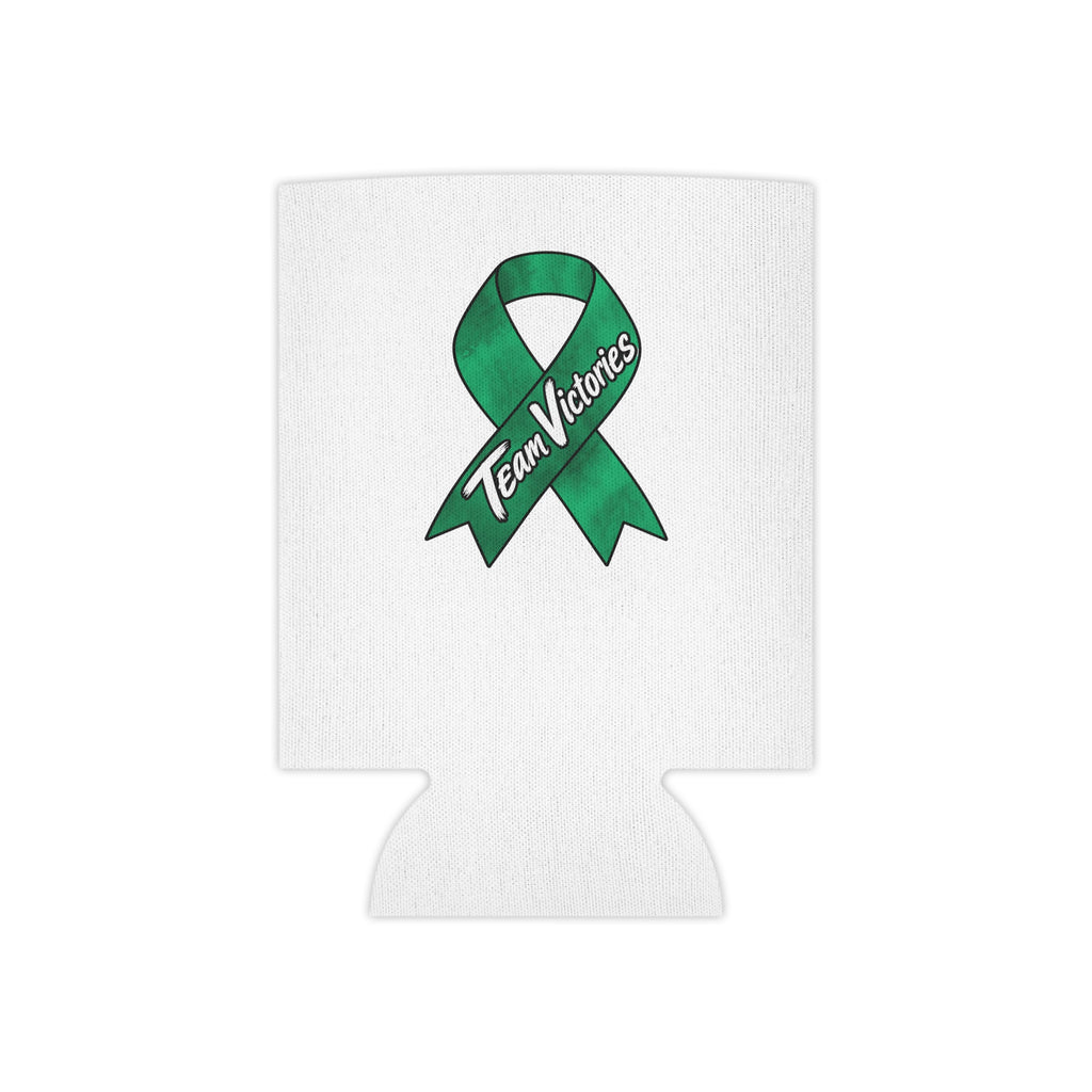 Team Victories green ribbon artwork on a white Moooove Over Cancer can cooler