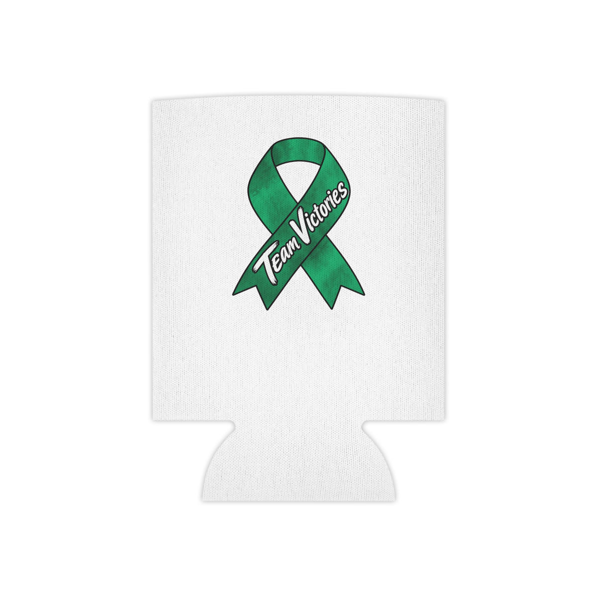 Team Victories green ribbon artwork on a white Moooove Over Cancer can cooler