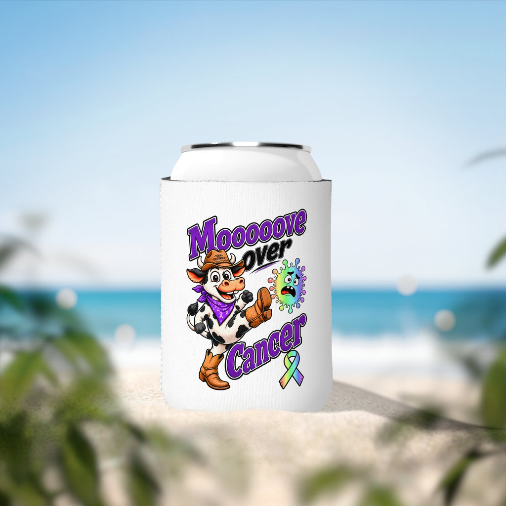 Moooove Over Cancer can cooler sleeve displayed outdoors with cow design and all-cancer awareness ribbon