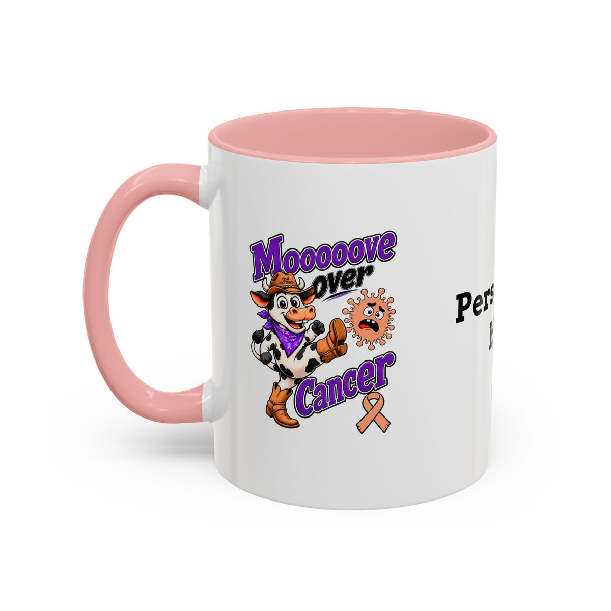 Moooove Over Cancer mug with colorful artwork and peach Uterine Cancer awareness ribbon