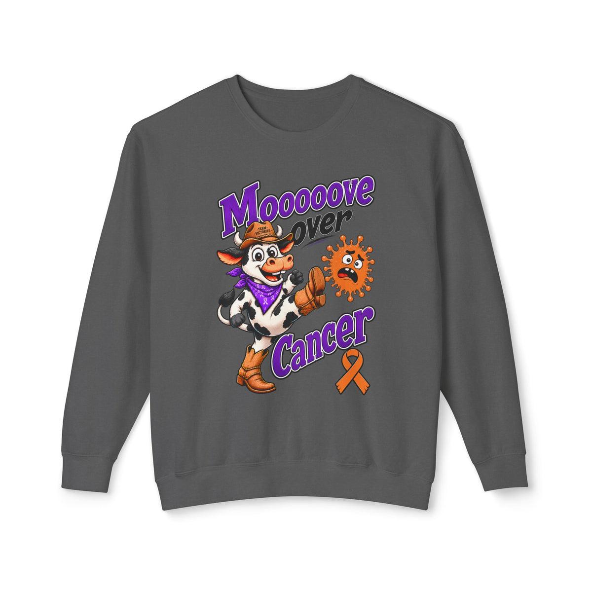 White Moooove Over Cancer crewneck sweatshirt featuring a cow graphic and awareness design