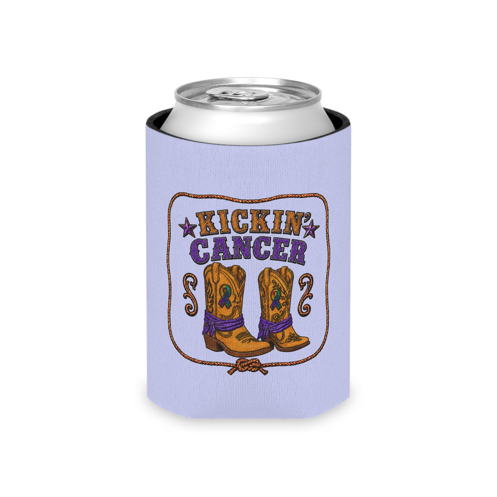 Lavender Kickin' Cancer Regular Can cooler with western boot artwork