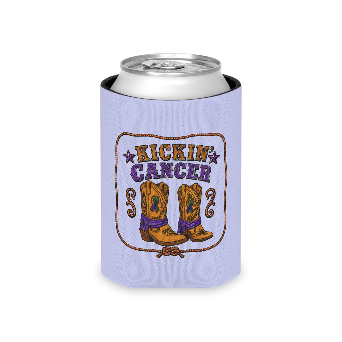 Lavender Kickin' Cancer Regular Can cooler with western boot artwork