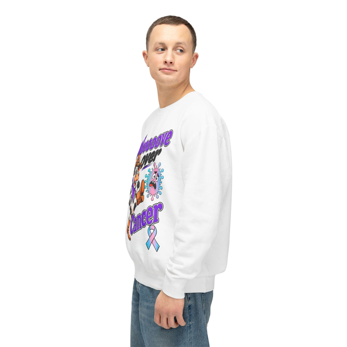 Alternate side view of Moooove Over Cancer sweatshirt with Thyroid Cancer awareness ribbon
