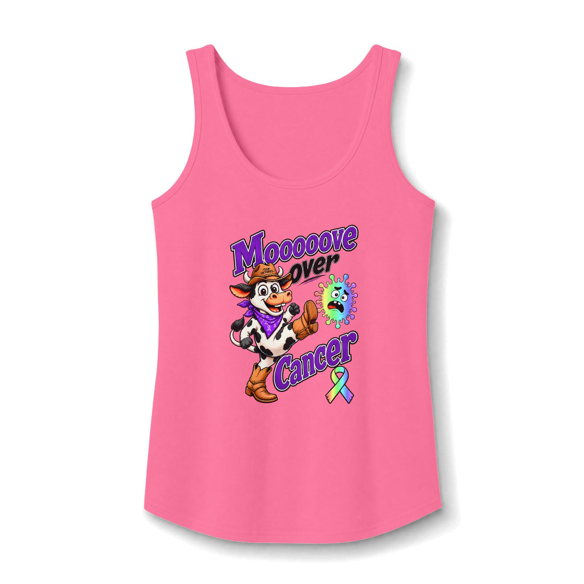 Pink Moooove Over Cancer tank top with all-cancer awareness ribbon design