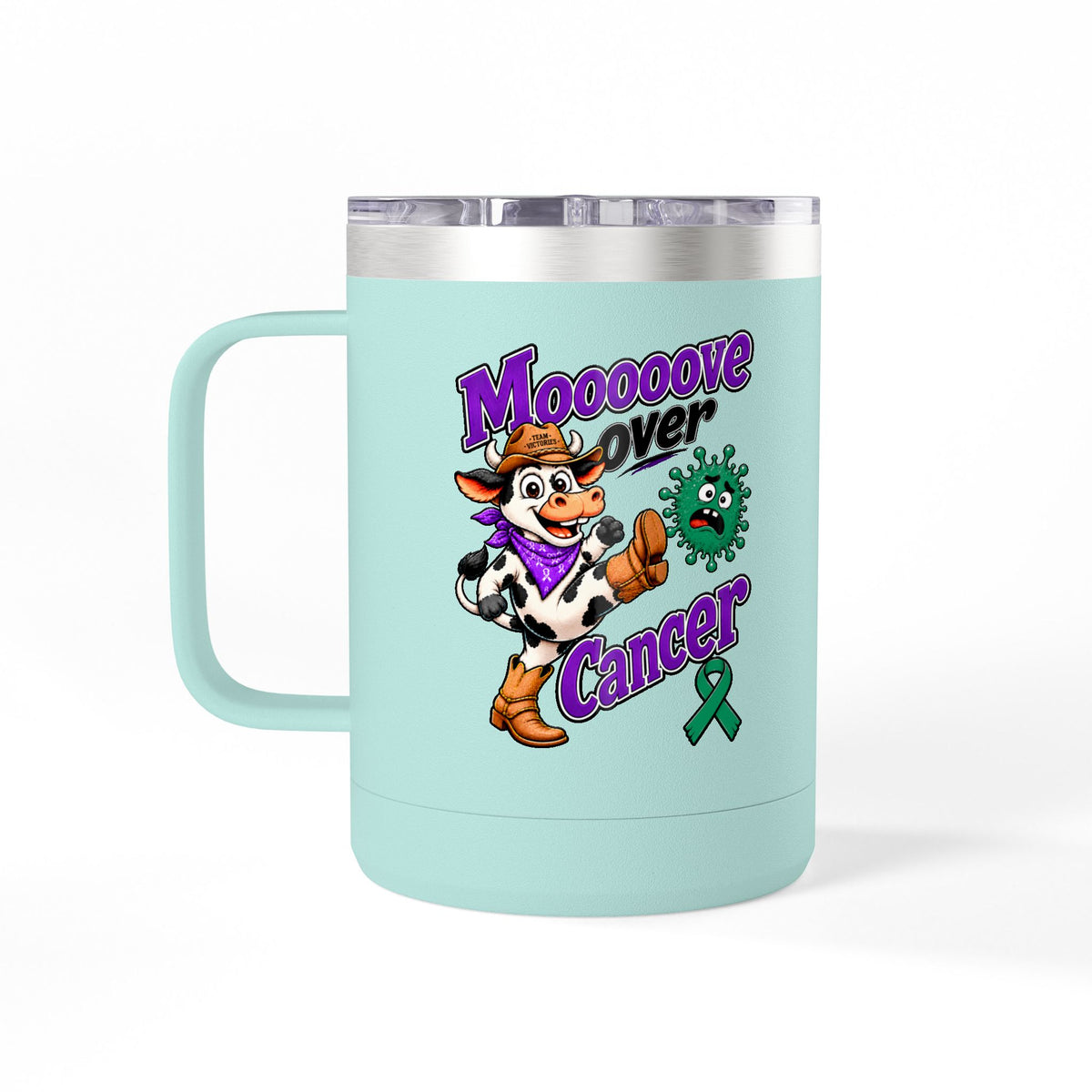 Mint Moooove Over Cancer mug featuring a green Liver Cancer awareness ribbon