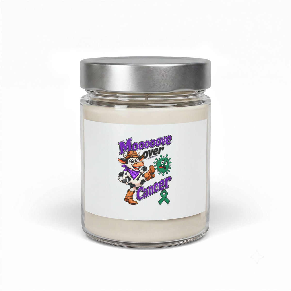 Moooove Over Cancer soy candle with Liver Cancer awareness ribbon design in a 9 oz glass jar