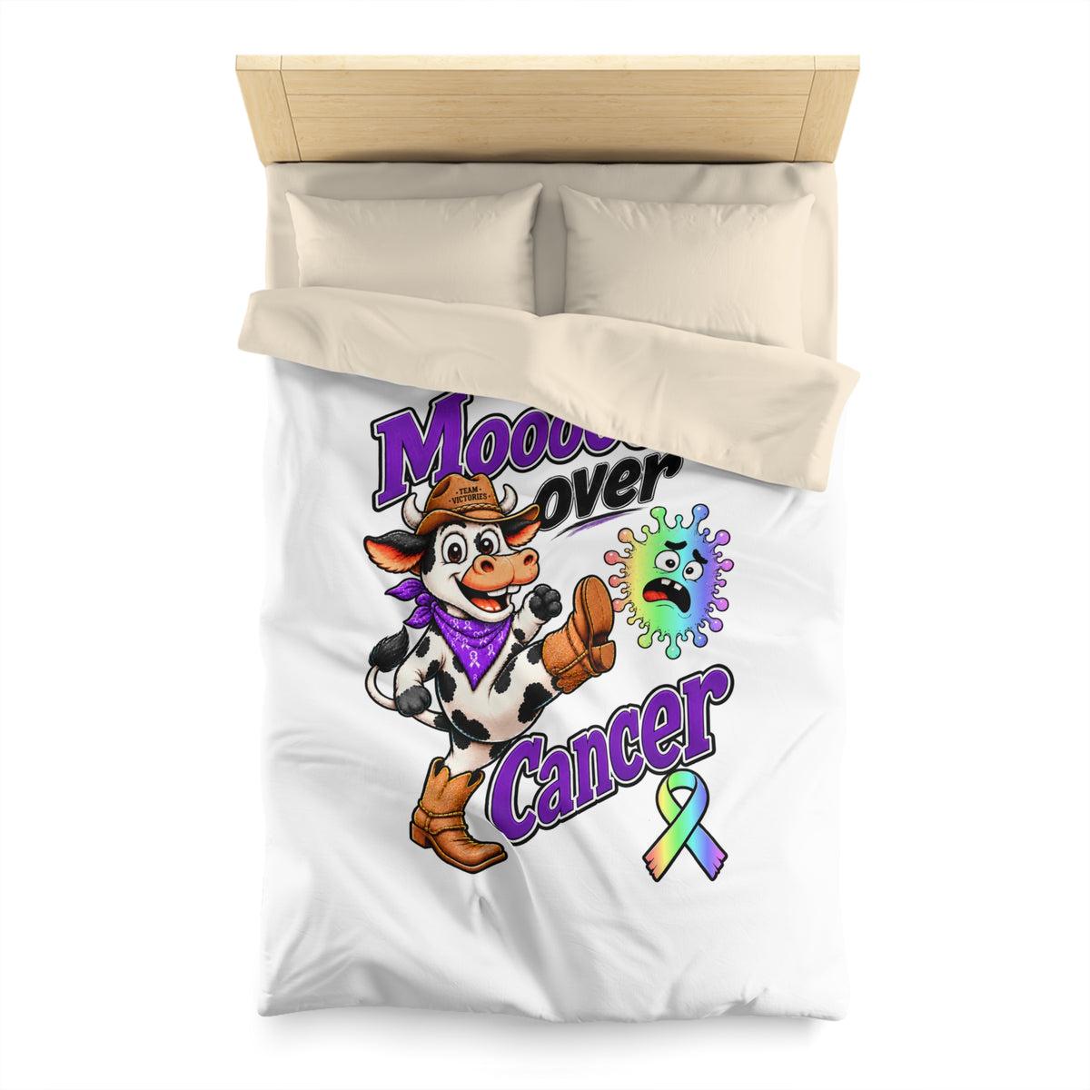 Bedroom scene featuring Moooove Over Cancer duvet cover with cow and awareness design