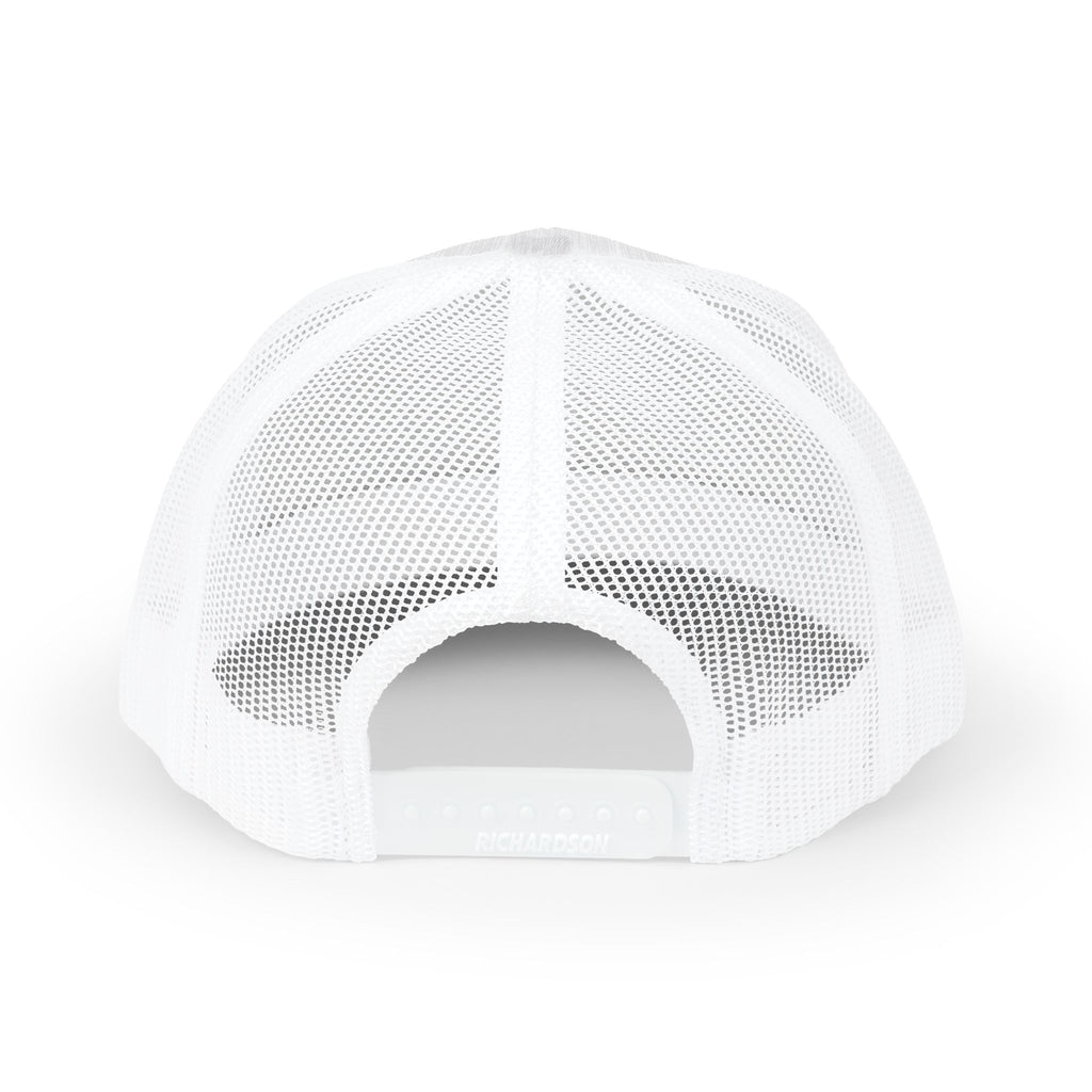 Back view of white Moooove Over Cancer trucker cap with breathable mesh and snap closure