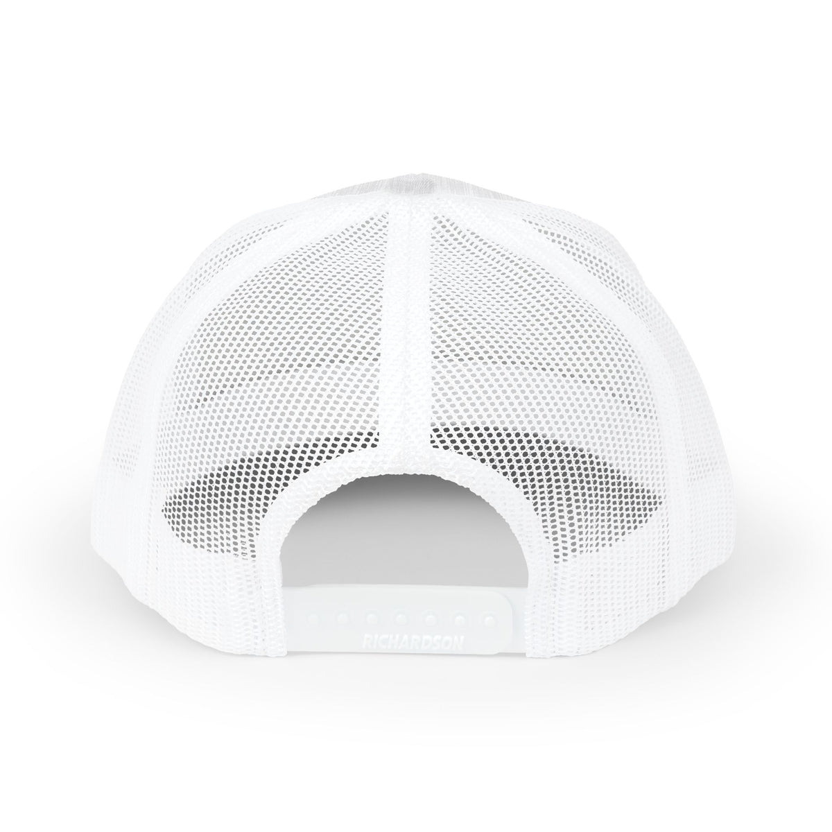Back view of white Moooove Over Cancer trucker cap with breathable mesh and snap closure