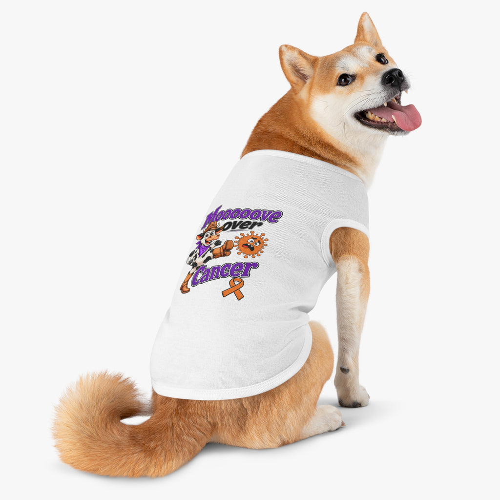 Rear view of a dog wearing a white Moooove Over Cancer tank with ribbon artwork