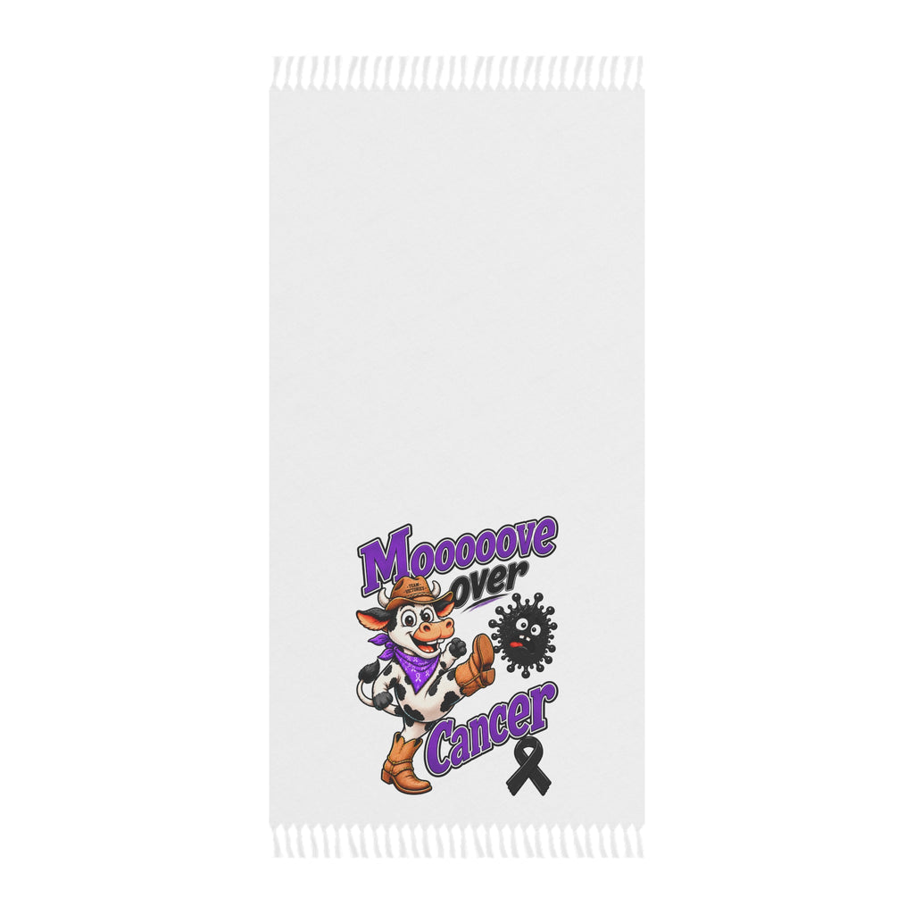 Mooove Over Cancer beach towel with cow artwork and black ribbon on white fabric