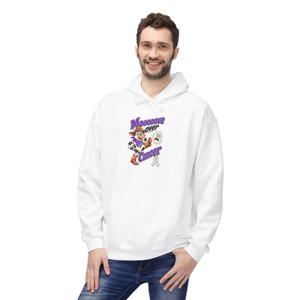 Man wearing a white Moooove Over Cancer Lung Cancer awareness hoodie