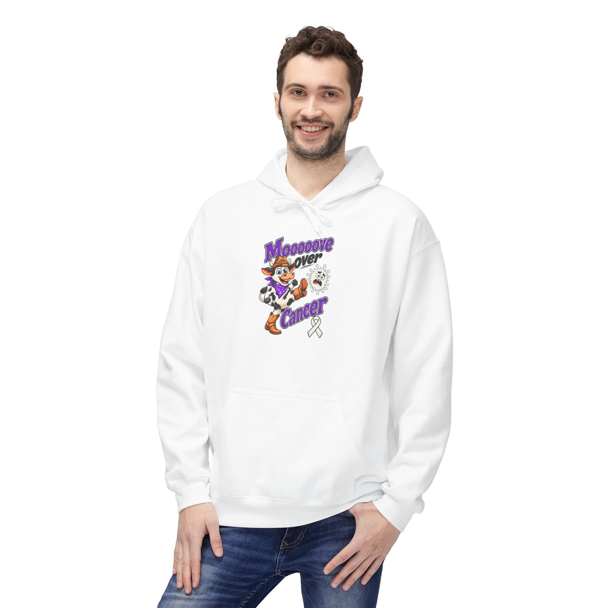 Man wearing a white Moooove Over Cancer Lung Cancer awareness hoodie