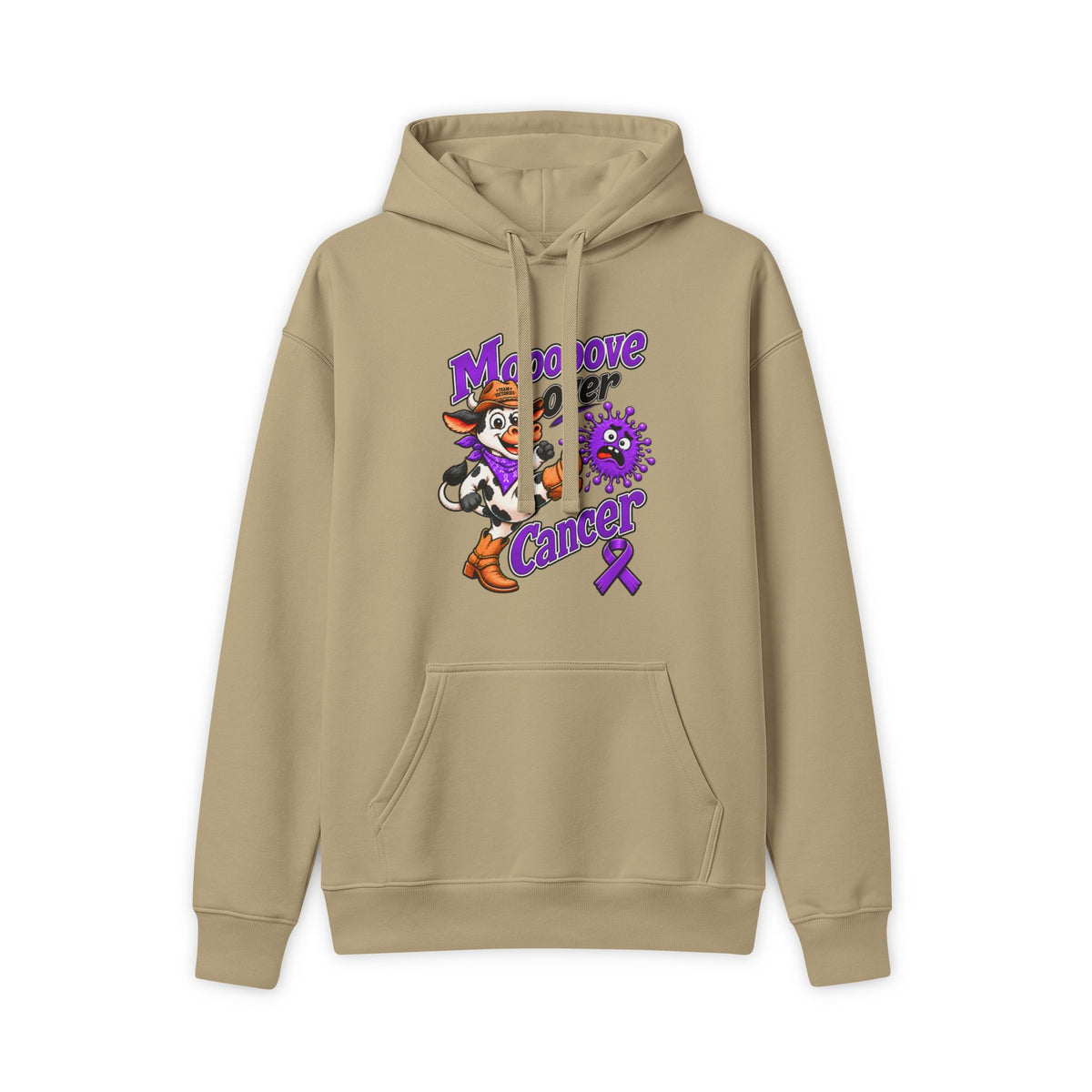 Moooove Over Cancer hoodie with Pancreatic Cancer awareness ribbon, front view in tan