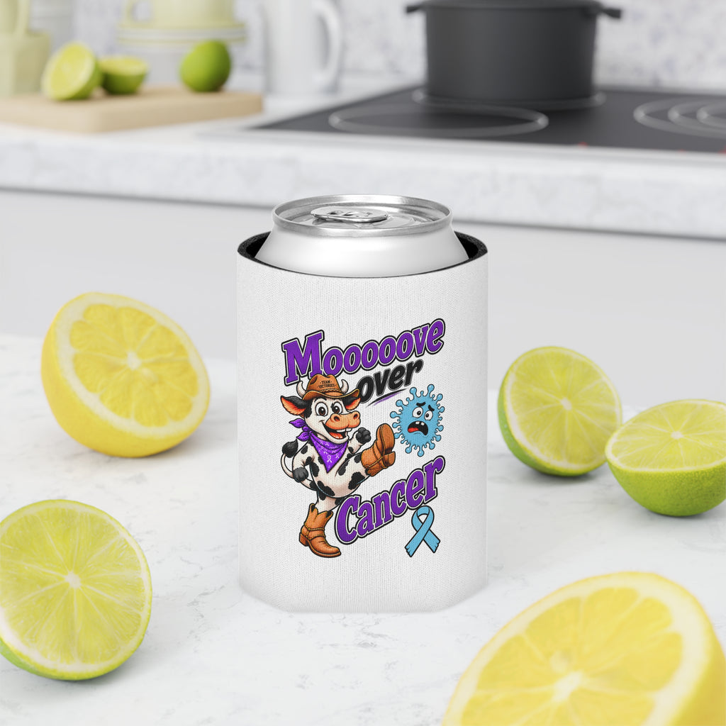 Moooove Over Cancer can cooler displayed on a kitchen counter with citrus