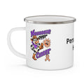 Moooove Over Cancer enamel camping mug with peach Uterine Cancer awareness ribbon artwork