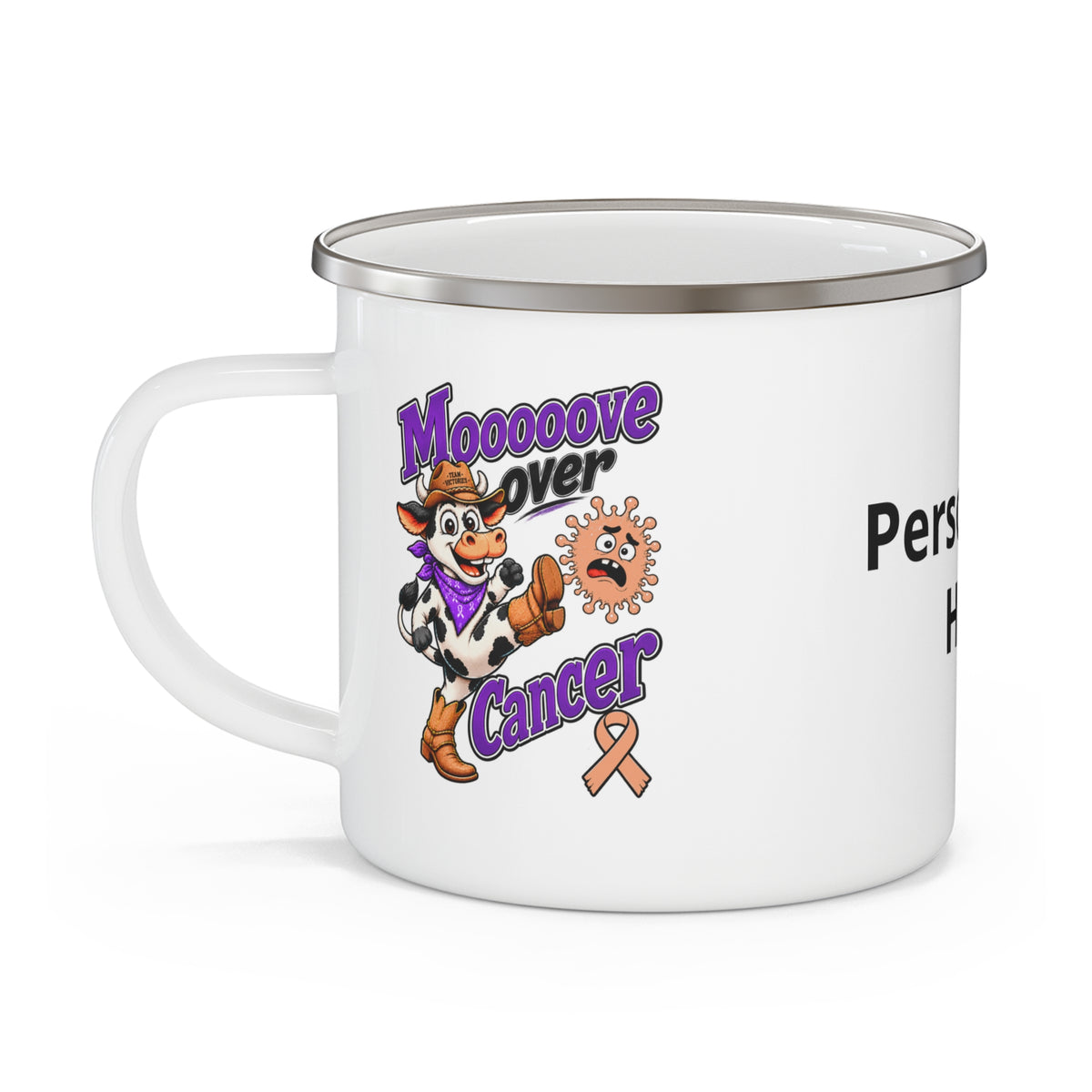 Moooove Over Cancer enamel camping mug with peach Uterine Cancer awareness ribbon artwork