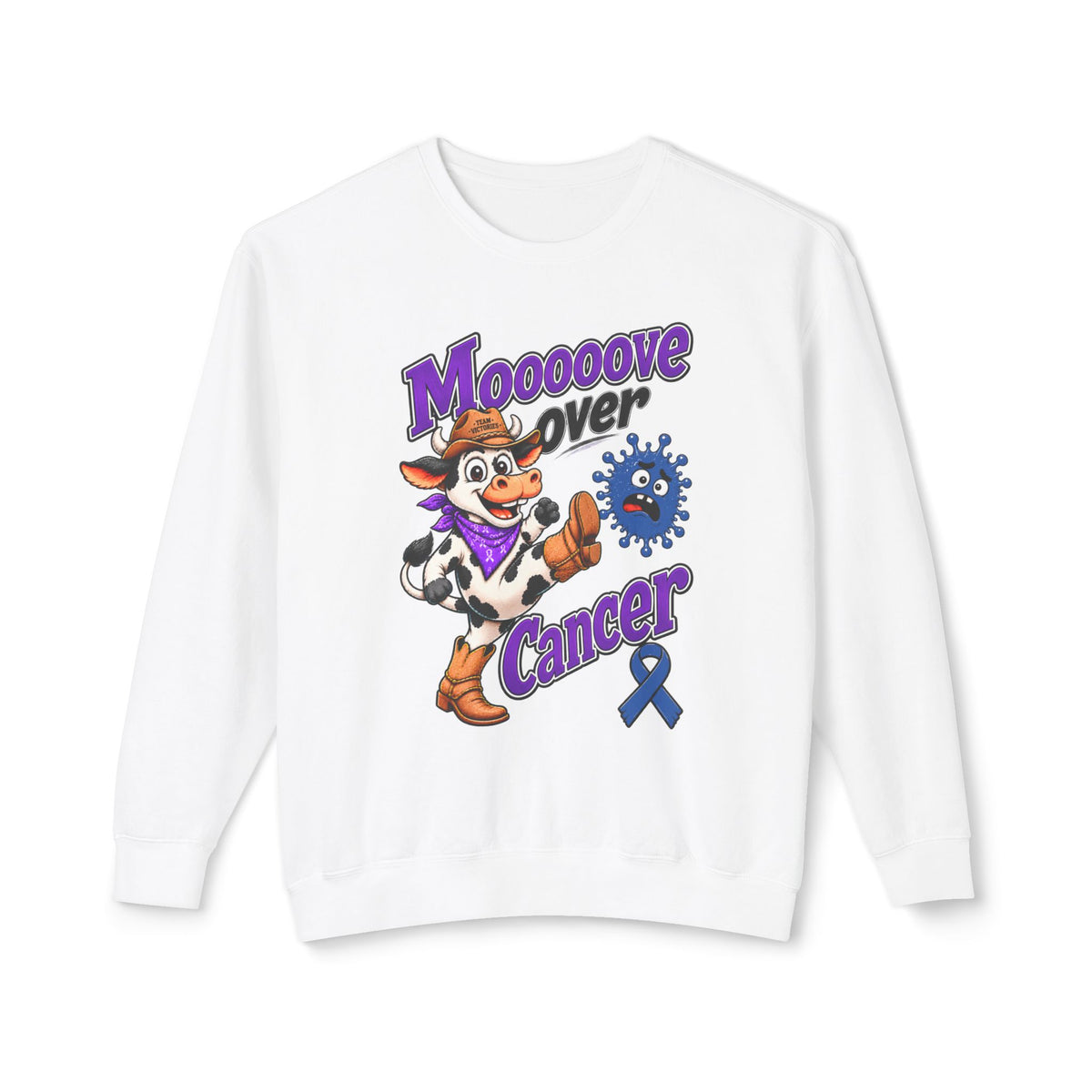 Moooove Over Cancer crewneck sweatshirt with cow artwork and Colon Cancer awareness ribbon in white
