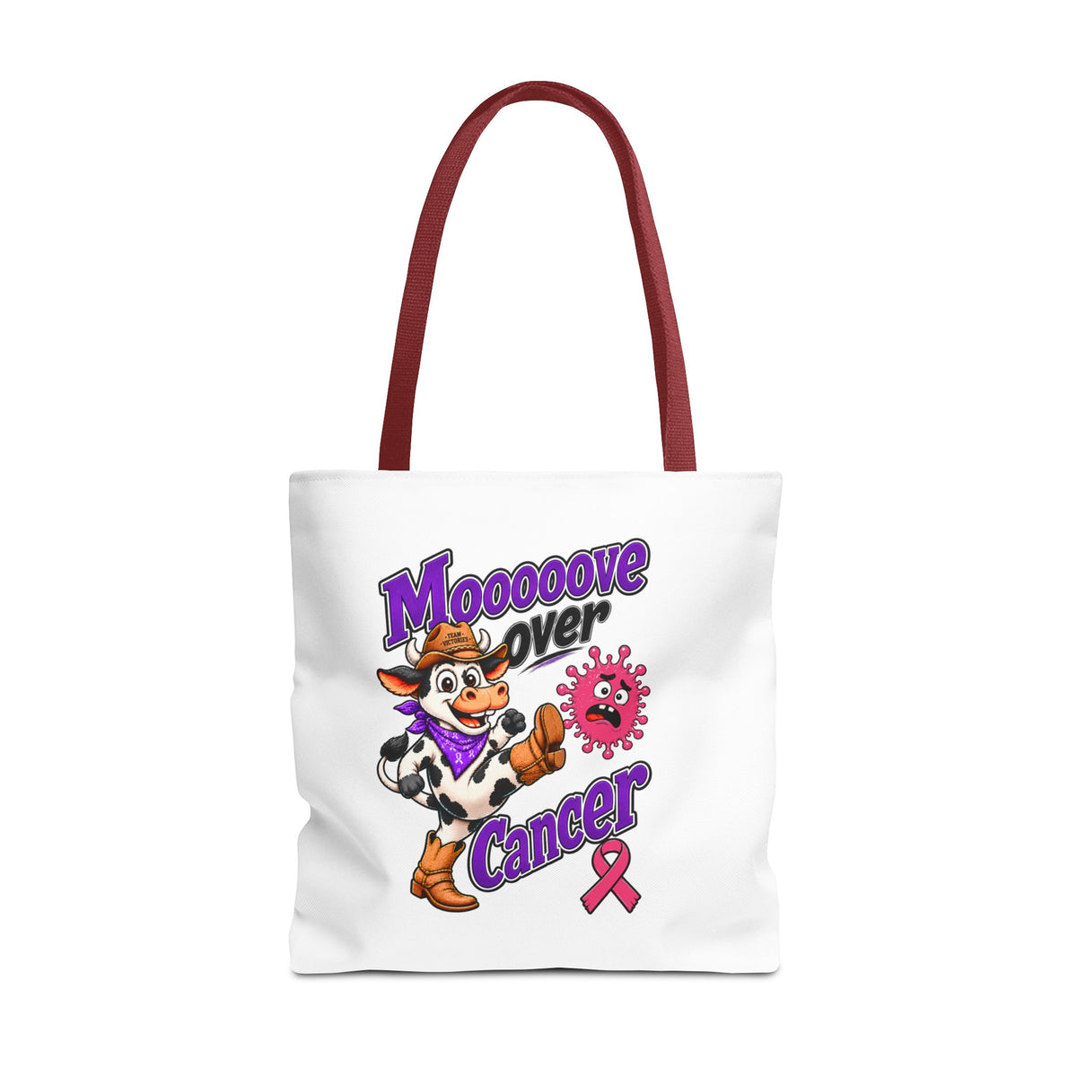 Close view of Moooove Over Cancer tote design with cow and Breast Cancer awareness ribbon