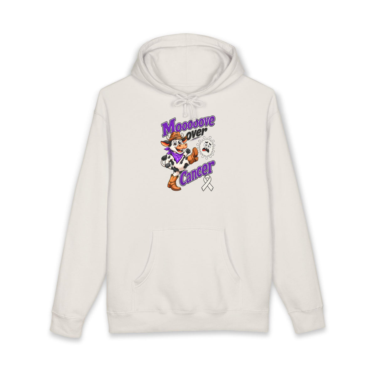 Moooove Over Cancer hoodie with Lung Cancer awareness ribbon, front view in natural