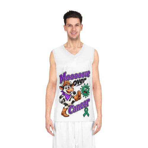 Model wearing the Moooove Over Cancer basketball jersey with cow mascot and green ribbon