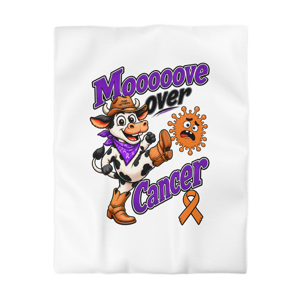 Moooove Over Cancer duvet cover front view featuring a cow kicking cancer beside a Leukemia/Kidney Cancer awareness ribbon