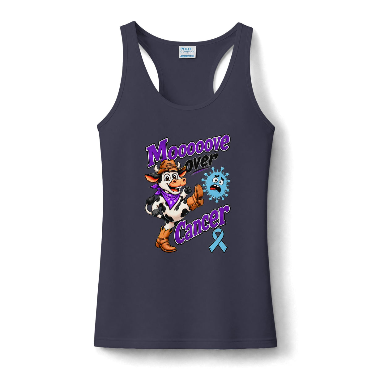 Moooove Over Cancer women's navy tank top with cowgirl graphic and Prostate Cancer awareness ribbon