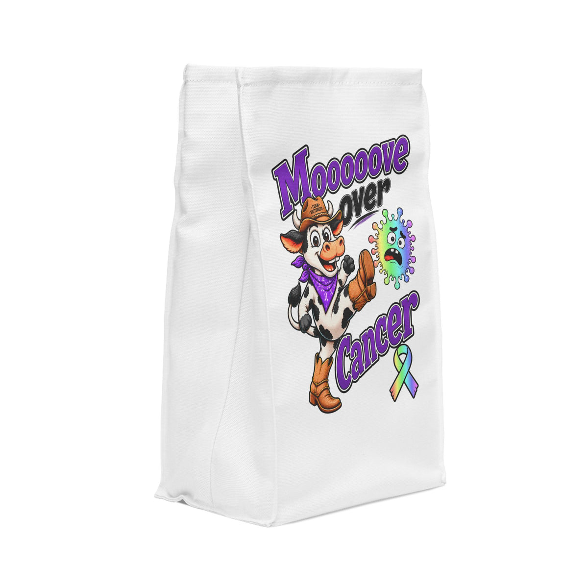 Side view of the Moooove Over Cancer insulated polyester lunch tote