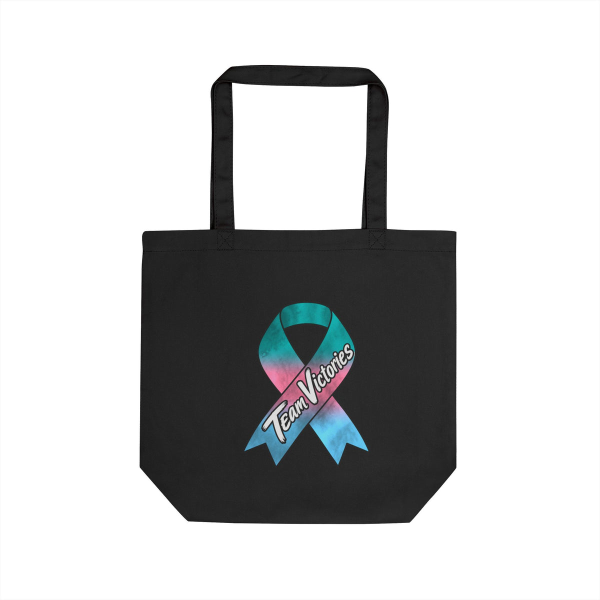 Team Victories awareness ribbon design on a black cotton tote bag
