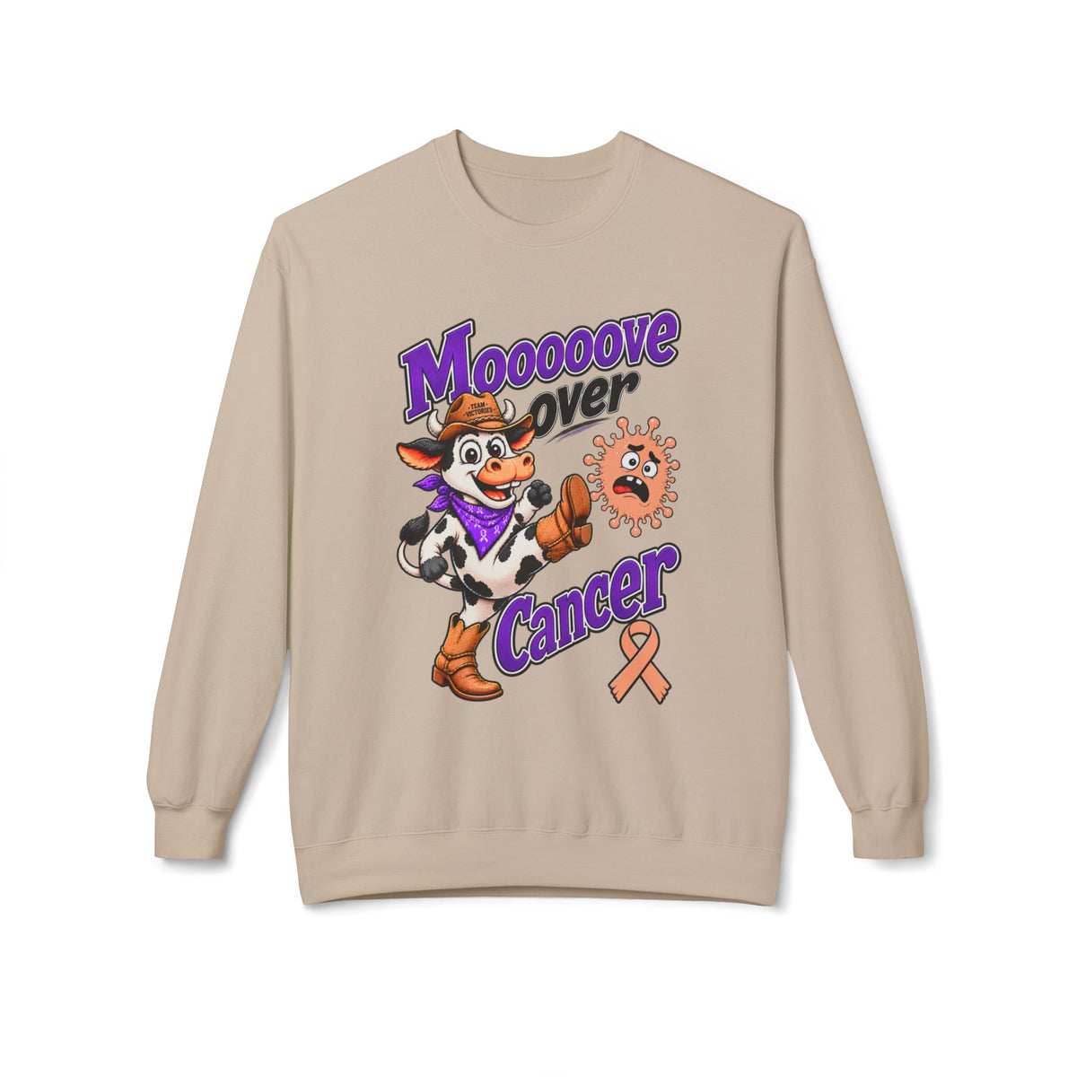 Woman wearing Moooove Over Cancer sweatshirt with Uterine Cancer awareness ribbon