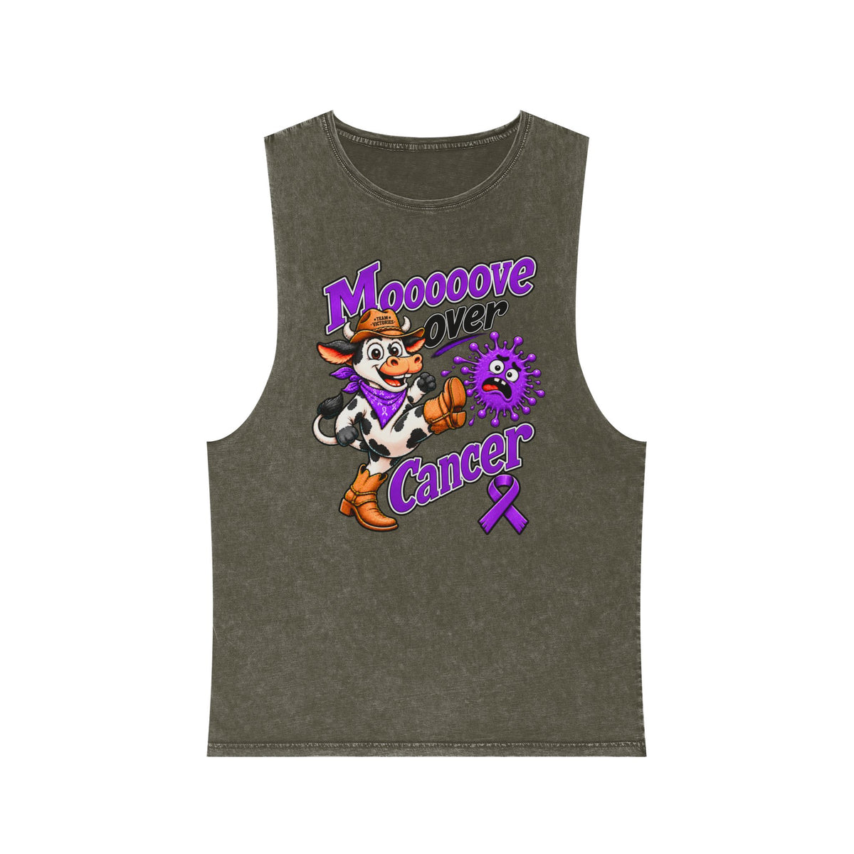 Moooove Over Cancer tank top in olive stonewash with pancreatic cancer awareness ribbon artwork