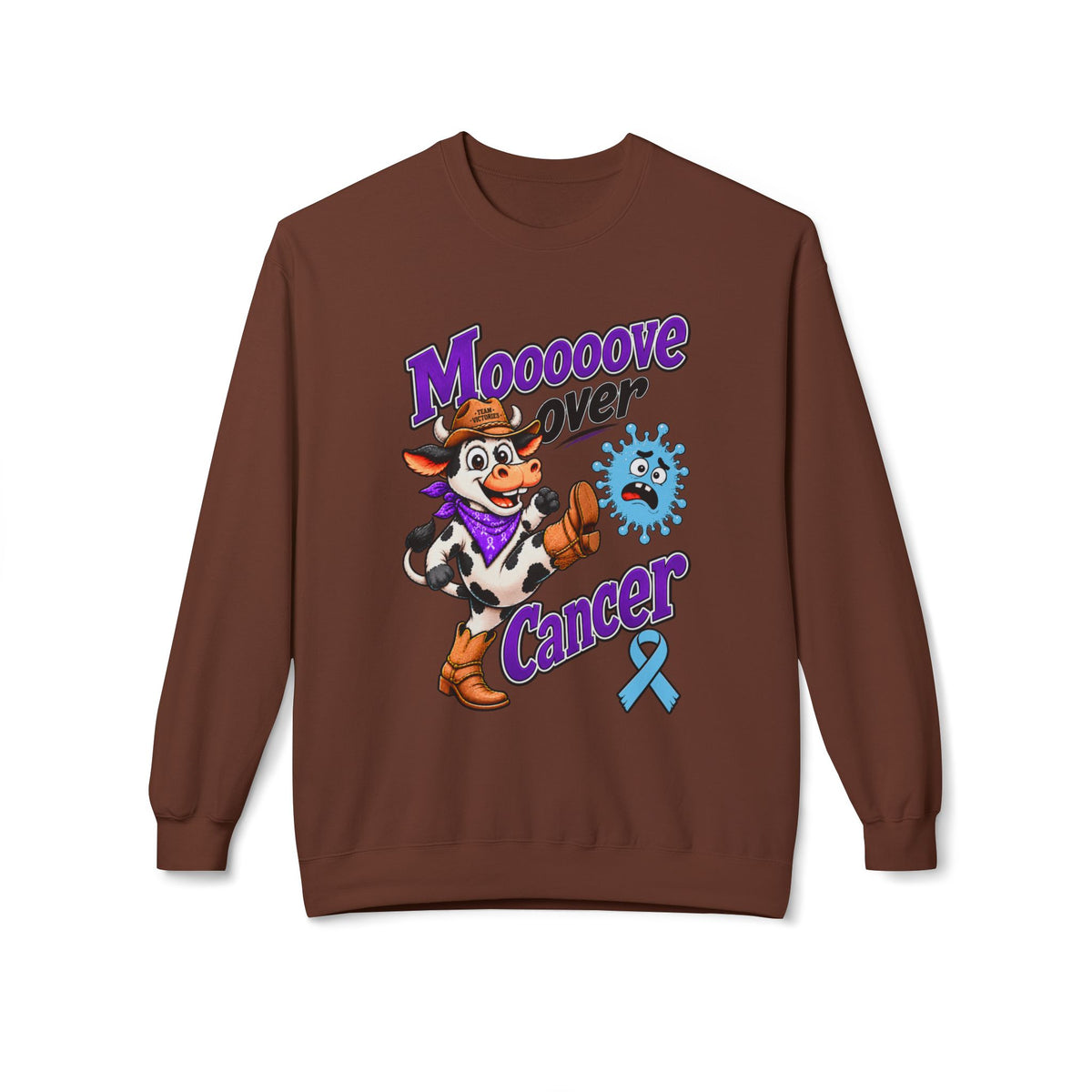 Model wearing Moooove Over Cancer sweatshirt with Prostate Cancer awareness ribbon