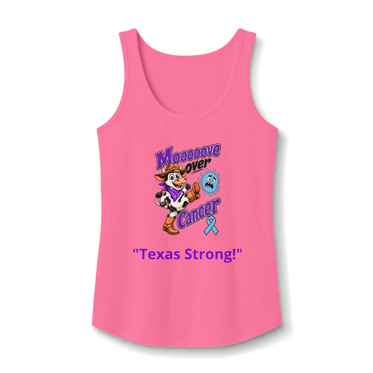 Moooove Over Cancer Texas Strong tank top in pink with a Prostate Cancer awareness ribbon