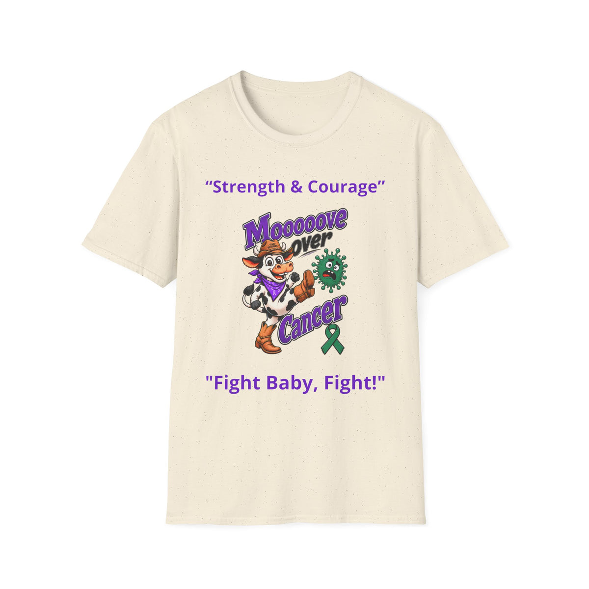 Speckled cream Moooove Over Cancer T-shirt with Fight Baby Fight design and Liver Cancer awareness ribbon