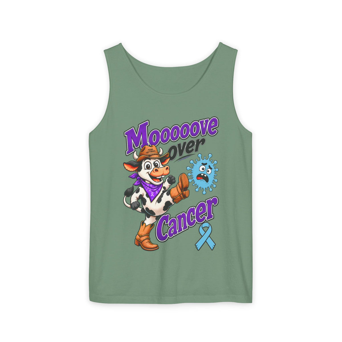 Moooove Over Cancer tank top in green with cowboy cow artwork for Prostate Cancer awareness