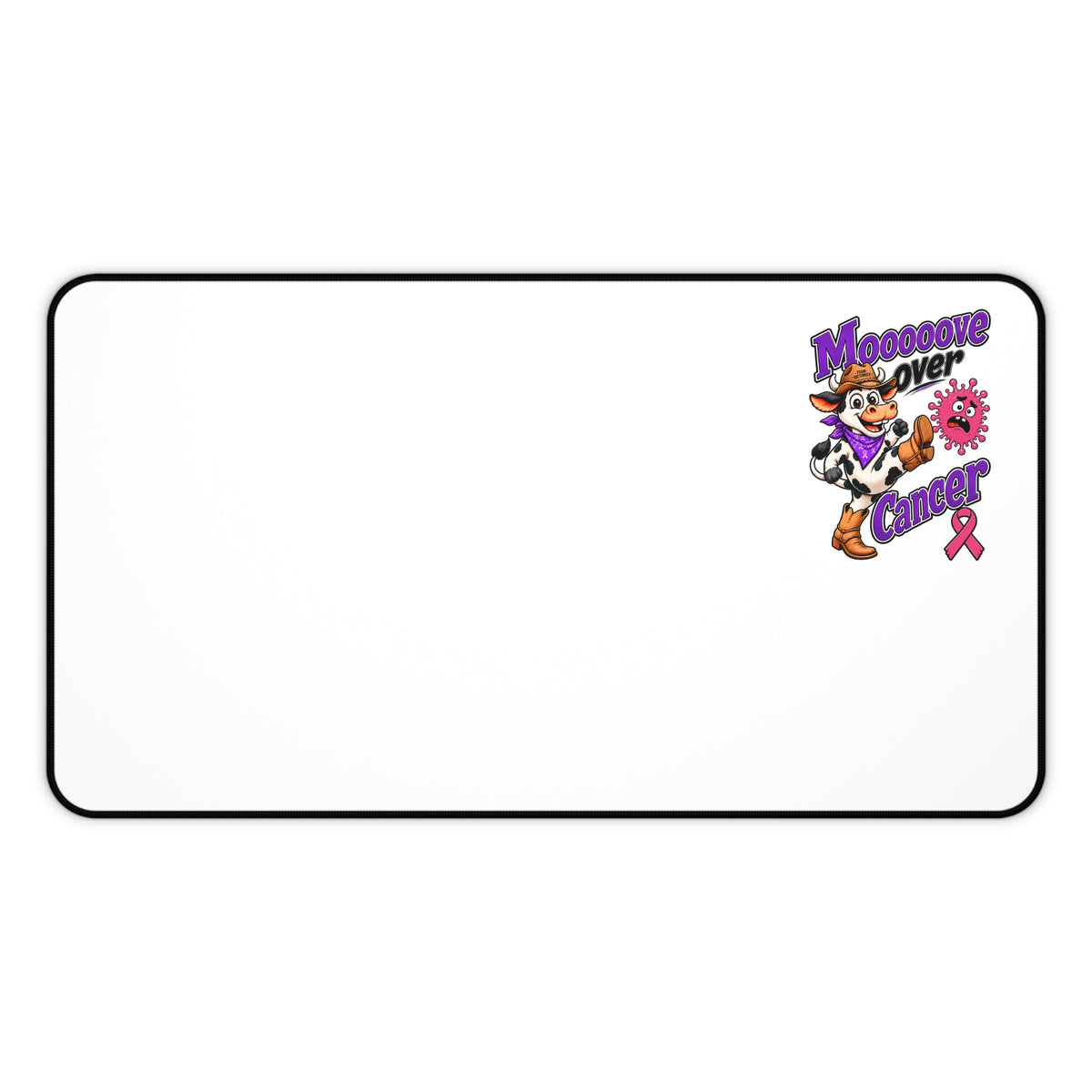 Moooove Over Cancer mouse pad in a wide rectangular size with Breast Cancer awareness design