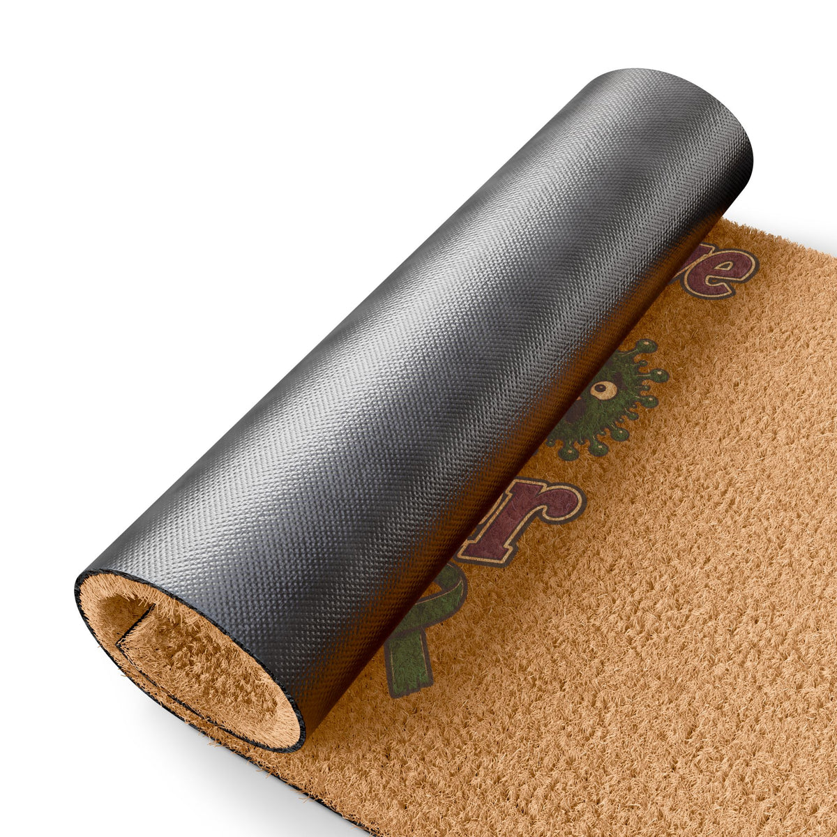 Rolled Moooove Over Cancer coir door mat showing its black backing and Liver Cancer awareness ribbon design