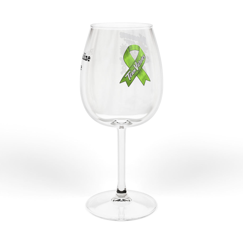 Moooove Over Cancer clear wine glass with green awareness ribbon artwork