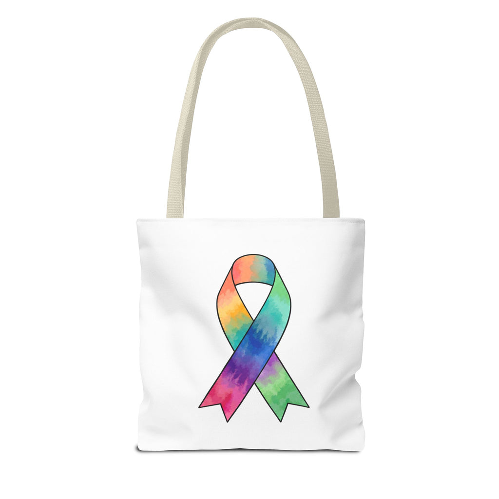 Tote bag with a colorful cancer awareness ribbon and cream handles
