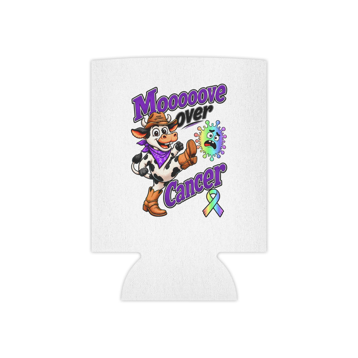 Moooove Over Cancer can cooler with cheerful cow artwork and colorful awareness ribbon