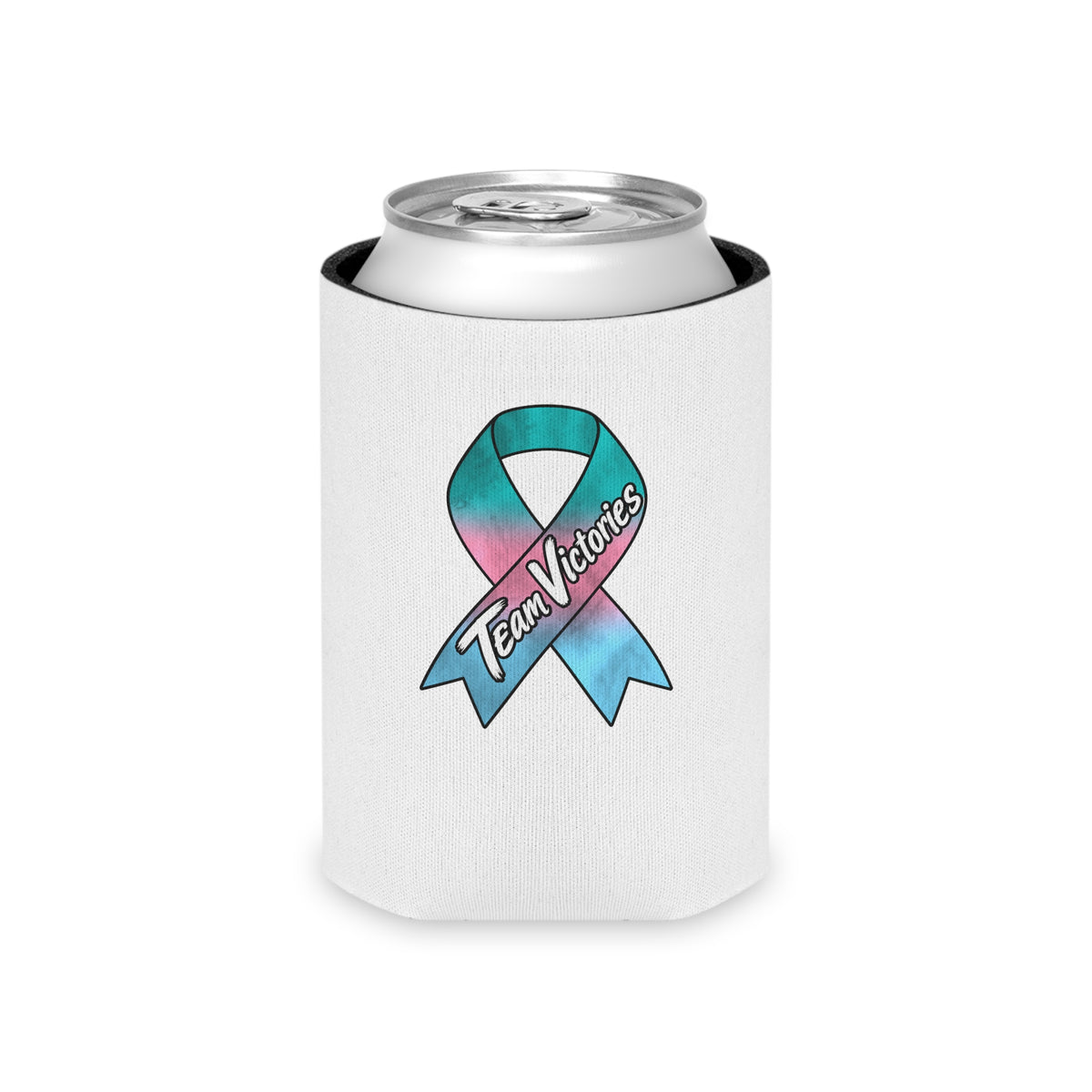 Team Victories awareness ribbon can cooler holding a regular beverage can