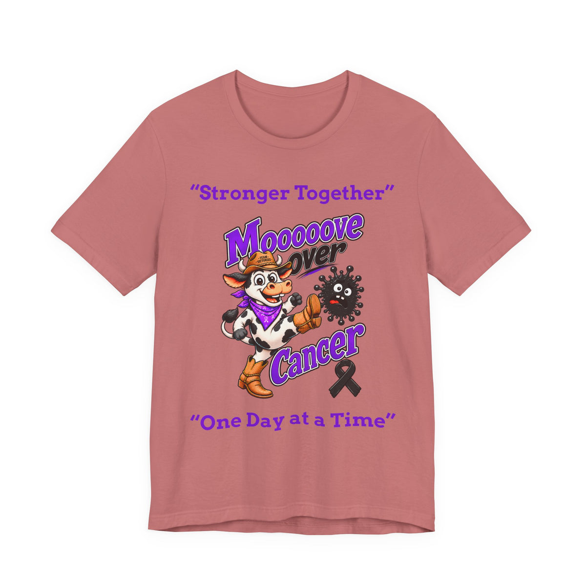 Moooove Over Cancer dusty rose T-shirt with cow character and Stronger Together slogan