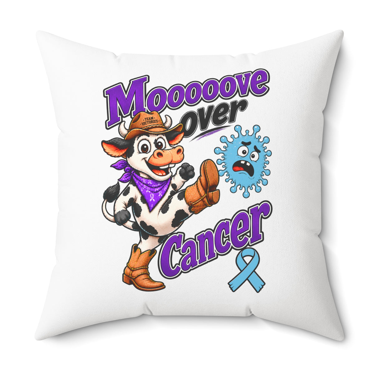 Reverse view of Team Victories light blue Prostate Cancer awareness ribbon pillow design