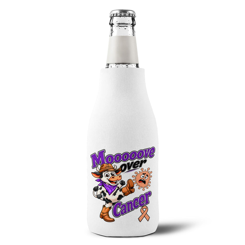 Moooove Over Cancer insulated bottle sleeve fitted around a glass bottle