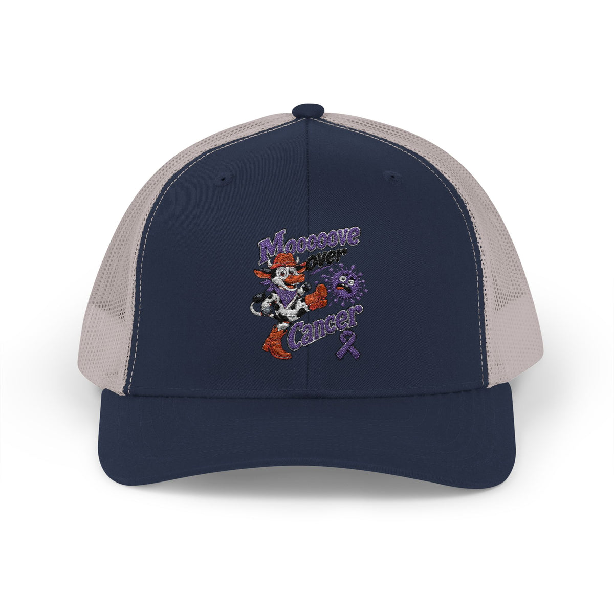 Rear view showing the adjustable snap closure on the Moooove Over Cancer trucker hat