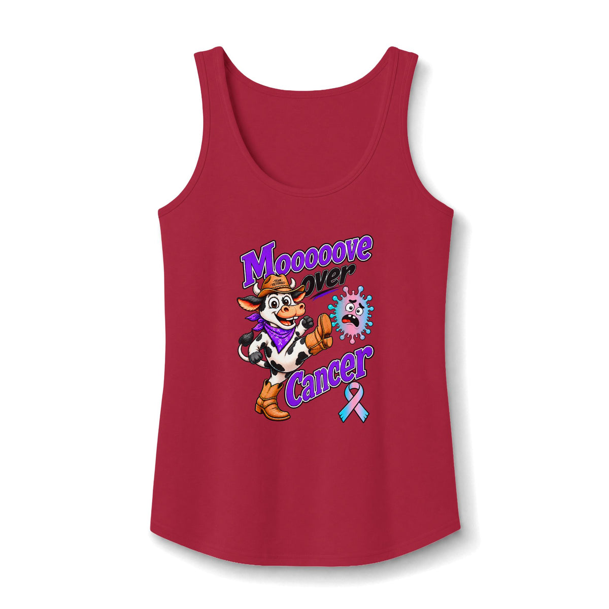 Moooove Over Cancer tank top in red with a Thyroid Cancer awareness ribbon design